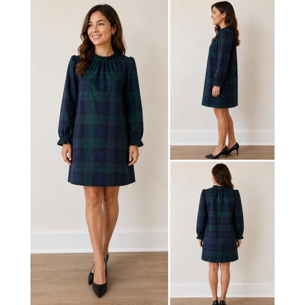 J.Crew Plaid Tartan Shift Dress Womens Size 6 Green Navy Blue Ruffle High Neck